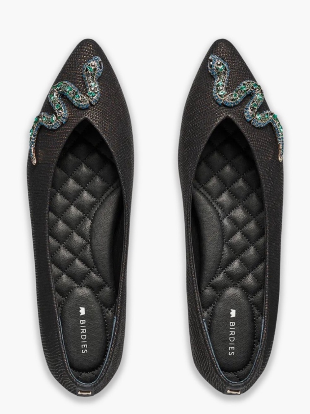 Birdies The Goldfinch Black Embossed Leather Crystal Snake Flats NEW